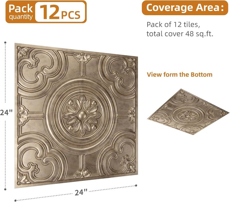 WOWSTAR 12-Pack 24"x24" Drop Ceiling Tiles, Waterproof Glue up Ceiling Panels, Antique Gold - Image 5